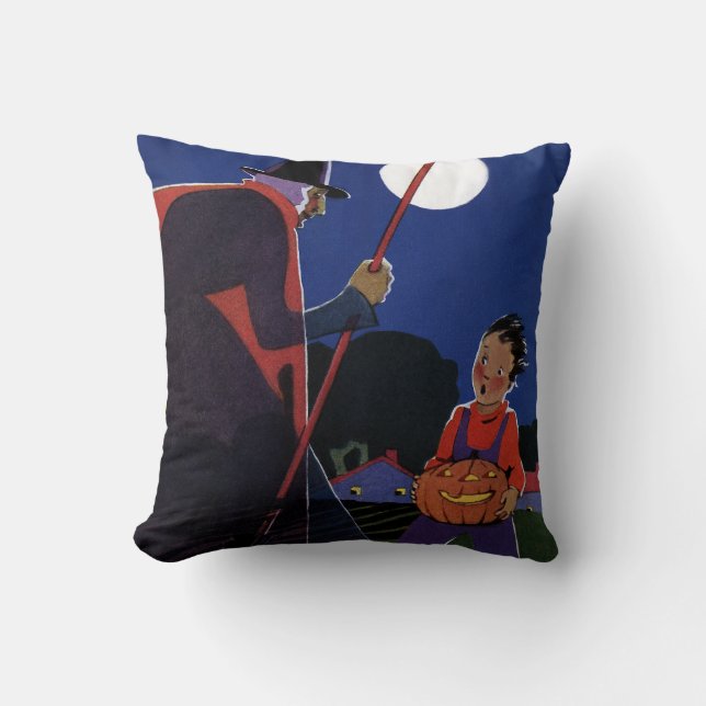Coussin Halloween vintage, sorcière Déplaisante avec garço (Recto)