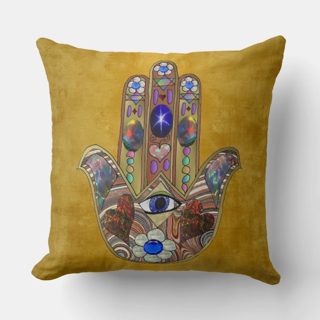 Coussin Hamsa Coeurs Fleurs Opal Art sur Or (Recto)