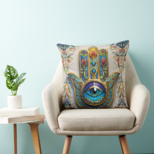 Coussin Hamsa du Troisième Œil en Filigrane Coloré Or Bleu