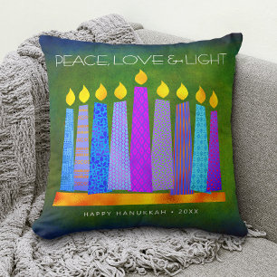 Coussin Hanoukka Blue Boho bougies vertes, lumière d'amou
