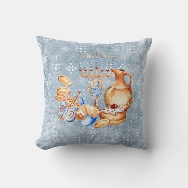Coussin Hanoukka Chanukah Menorah Aquarelle Bleu Neige (Recto)