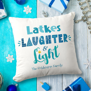 Coussin Hanoukka Latkes rire bleu clair Typographie