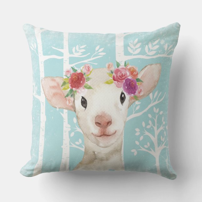 Coussin Happy Animal avec Fleurs en Bleu Forêt-Mouton (Recto)