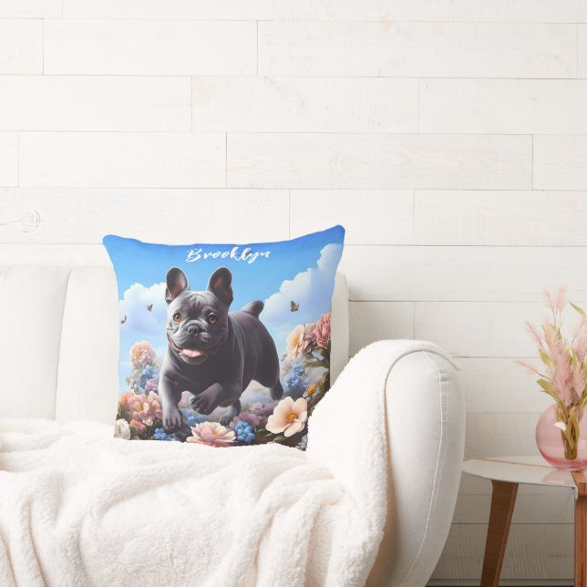 Coussin Happy Blue French Bulldog & Flowers (Canapé)