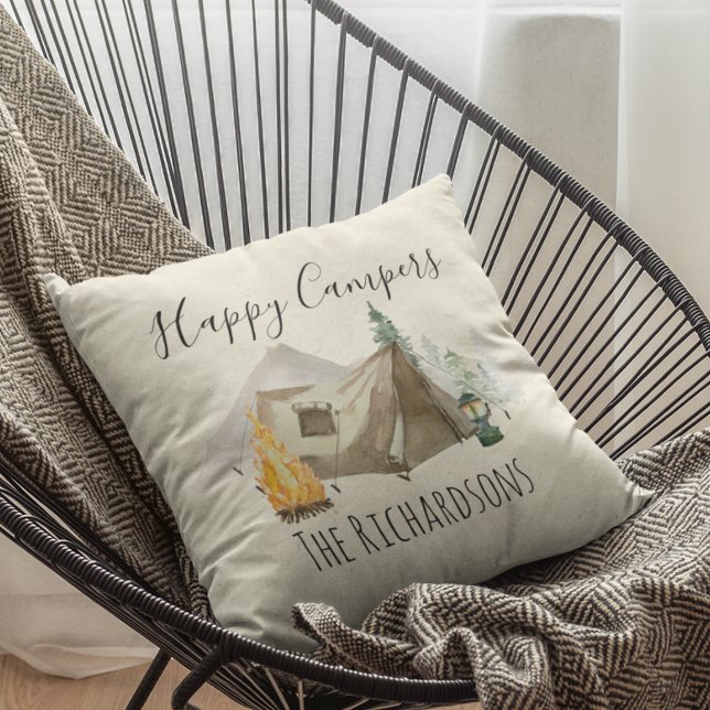 Coussin Happy Campers Aquarelle Personnaliser Camp Tent (Créateur téléchargé)