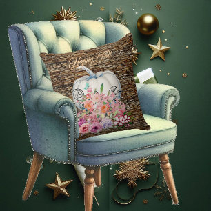 Coussin Happy Fall Blanc Citrouille Bois Aquarelle Floral