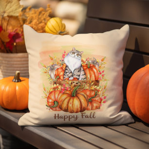 Coussin Happy Fall Grey Chat Blanc Rustique Orange Citroui