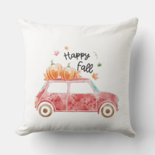 Coussin Happy Fall - Voiture rose avec Citrouille Automne