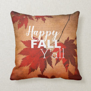 Coussin Happy Fall Y’all Automne Feuilles Typographie