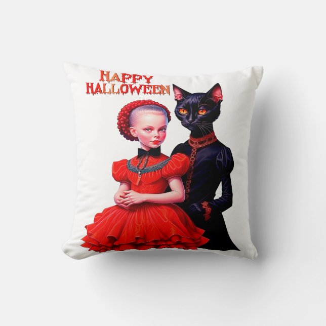 Coussin Happy Halloween Little Witch And Her Black Cat (Recto)