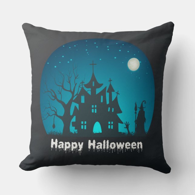 Coussin Happy Halloween Maison hantée bleue et noire (Recto)