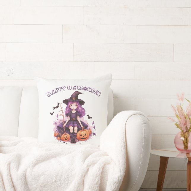 Coussin Happy Halloween violet sorcière Citrouilles et cha (Canapé)