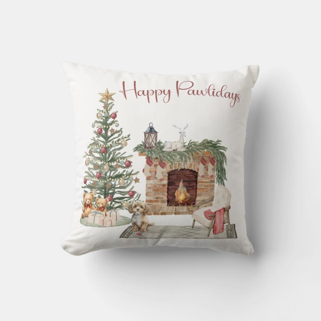 Coussin Happy Pawlidays Chien Design - Cavapoo (Recto)