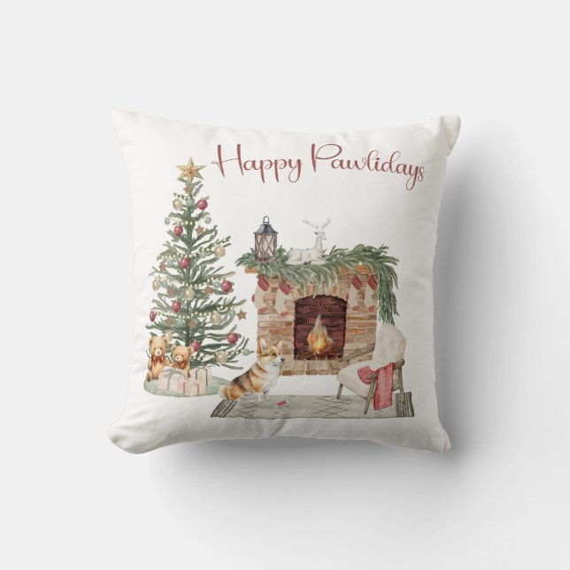 Coussin Happy Pawlidays Chien Design - Corgi (Recto)