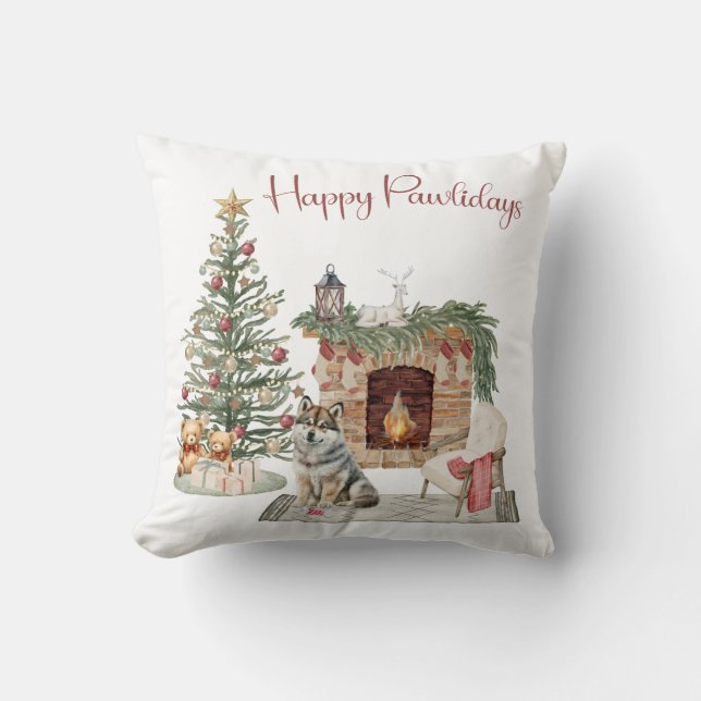 Coussin Happy Pawlidays Chien Design - Husky (Recto)