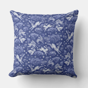 Coussin Hares Neige Champ Blanc lapins Motif d'hiver Bleu