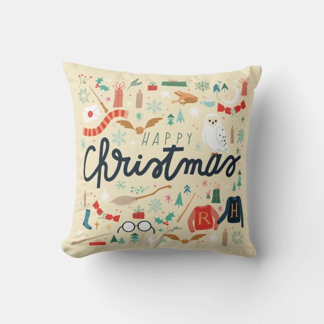 Coussin Harry Potter | Joyeux Noël Avec Icônes Festives (Recto)