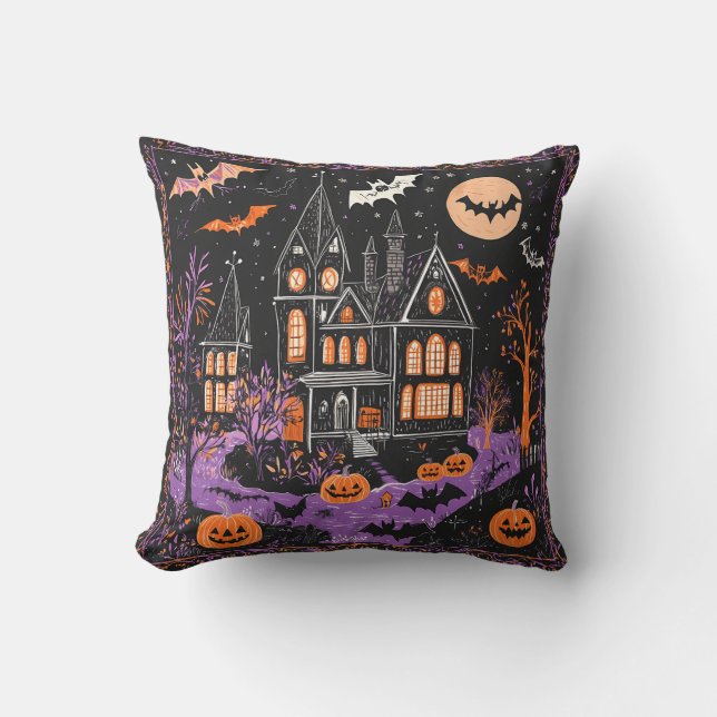 Coussin Haunted Mansion Bats Jack-O-Lantern Halloween Déco (Recto)