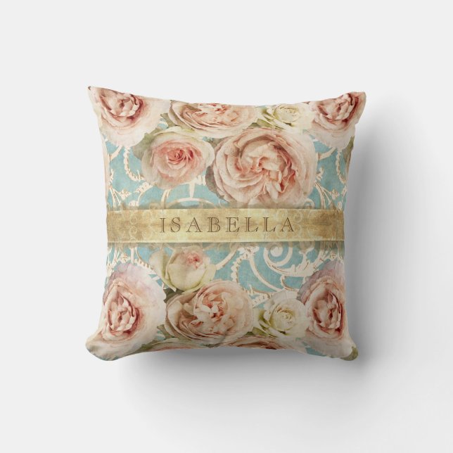 Coussin Heirloom Roses with Damask Ajouter un nom (Recto)