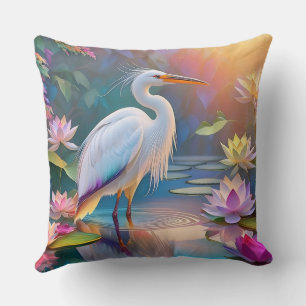 Coussin Héron blanc à bec orange, oiseau de fantaisie