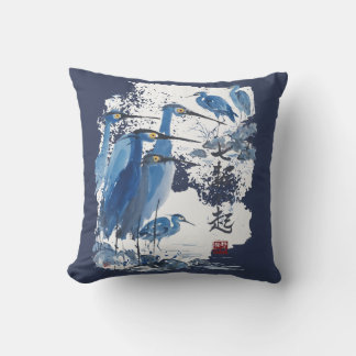 Coussin Héron bleu Lavis d'encre japonaise Oiseau Nature