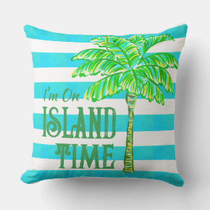 Coussin Heure de l'île aux palmiers à rayures turquoise et