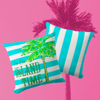 Coussin Heure de l'île aux palmiers à rayures turquoise et