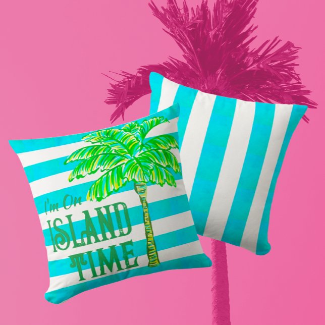 Coussin Heure de l'île aux palmiers à rayures turquoise et (The best time is Island Time!)