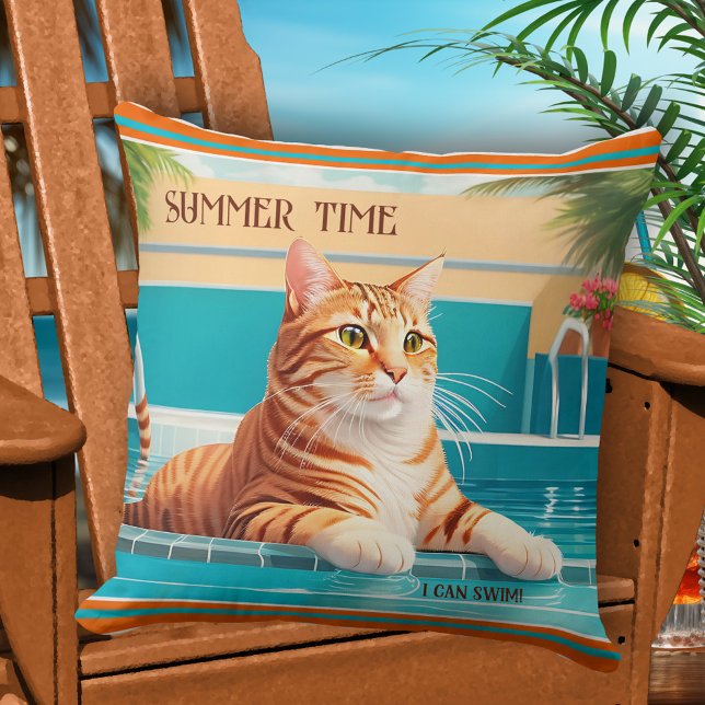 Coussin Heure d'été Funny Ginger Chat Pool (Pillow featuring an illustration of a funny ginger cat in a swimming pool - happy summer pillow)