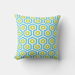 Coussin Hexagon vert bleu géométrique et Motif croisé