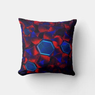 Coussin hexagone bleu mélangé avec des courbes rouges qui 
