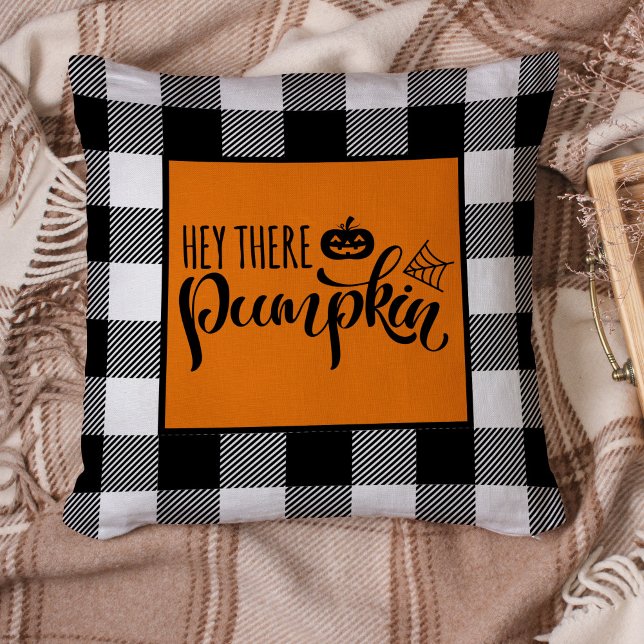 Coussin Hey Là Citrouille Halloween Buffalo Plaid (Créateur téléchargé)