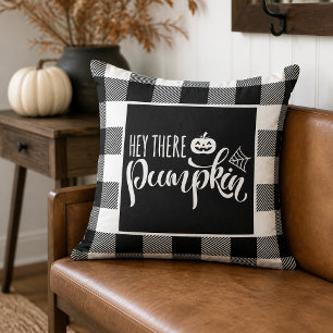 Coussin Hey There Pumpkin Black Buffalo Plaid Halloween