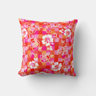 Coussin Hibiscus à carreaux floral hawaïen