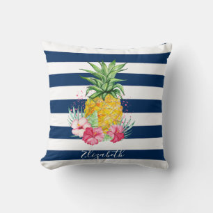 Coussin Hibiscus Ananas Aquarelle, Rayure Bleu Marine