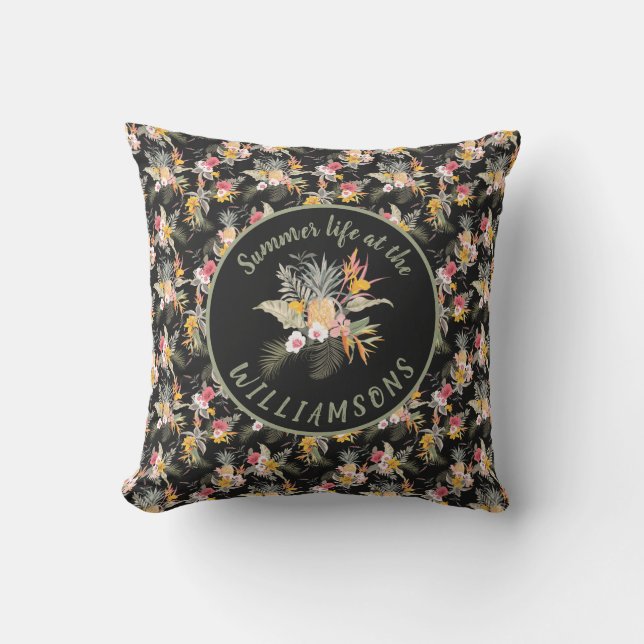 Coussin Hibiscus d'ananas personnalisé Noir tropical (Recto)