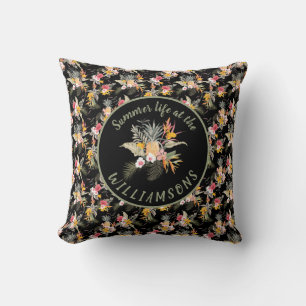 Coussin Hibiscus d'ananas personnalisé Noir tropical