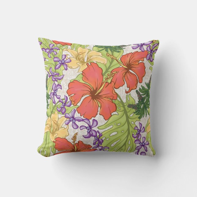 Coussin Hibiscus et orchidées hawaïens tropicaux de Keleah (Recto)