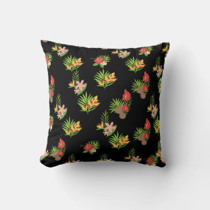 Coussin Hibiscus Hawaïen Fleur Tropicale sur Fond Noir