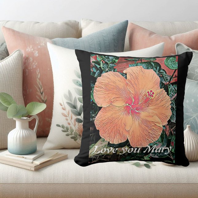Coussin Hibiscus personnalisé Aquarelle d'oreiller (Orange Hibiscus Watercolor Tropical Flower Bloom Throw Pillow)