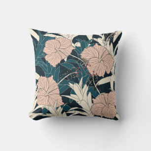 Coussin Hibiscus rose tropical, arrière - plan sombre