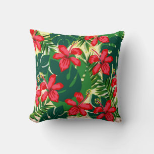 Coussin Hibiscus rouge et vert de la jungle tropicale colo