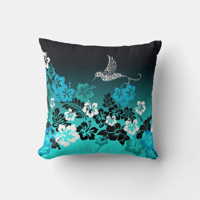 Coussin Hibiscus sur Turquoise avec Hummingbird Compact Mi (Recto)