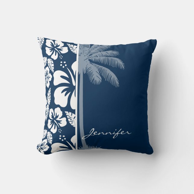 Coussin Hibiscus Tropical Bleu foncé de minuit ; Palme (Recto)