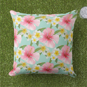 Coussin Hibiscus Tropical Plumeria Motif Aqua