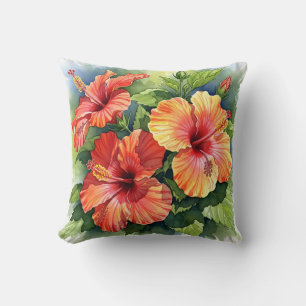 Coussin Hibiscus tropical rouge et jaune floral aquarelle