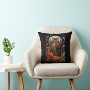 Coussin Hibou la nuit avec une pleine lune