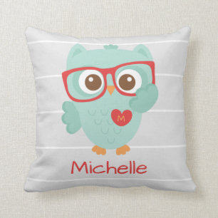 Coussin Hibou mignon, nom personnalisé de W et initiale