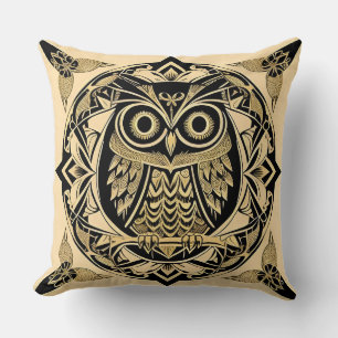 Coussin Hibou Ornemental Doré avec Dessin Décoratif