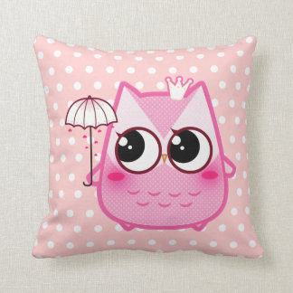 Coussin Hibou rose de Kawaii avec le parapluie mignon
